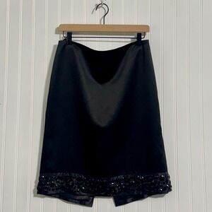 White House Black Market Black Satin Pencil Skirt Beaded Hem Women's Size 8 Vtg